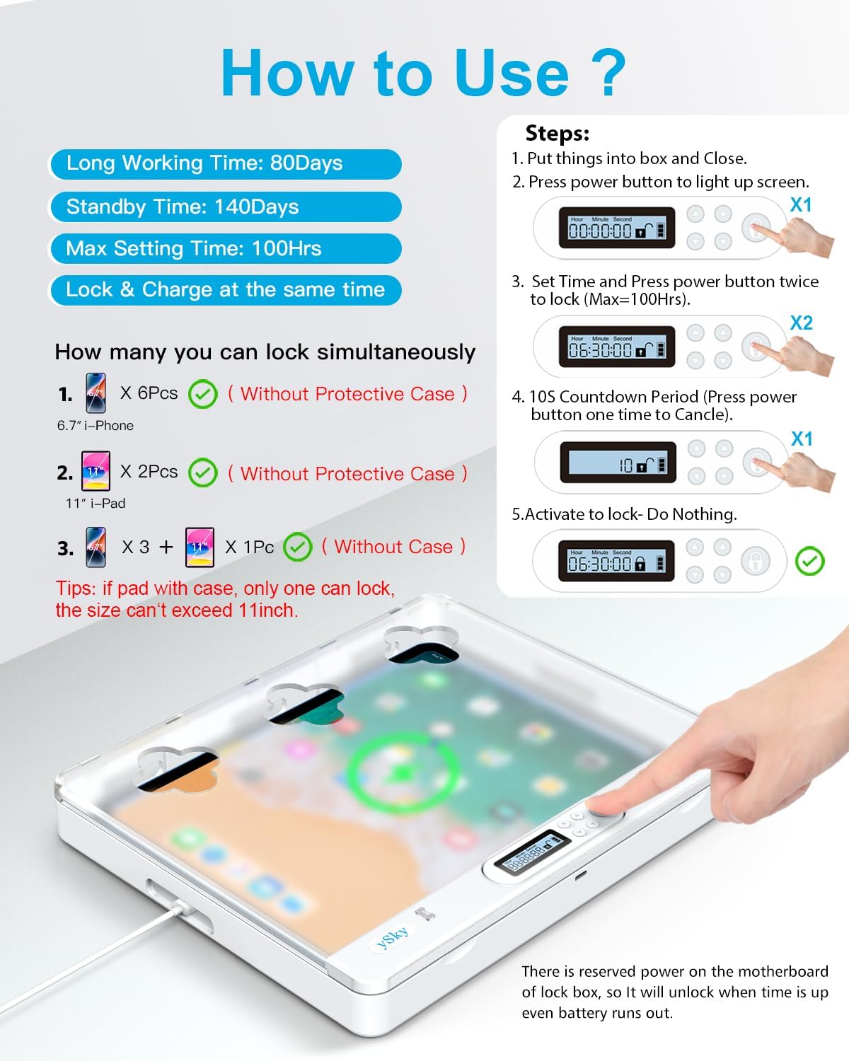 ySky Phone Lock Box with Timer for iPad Under 11inch,Timed Lock Box for iPhone,Tablet,Folded mobiles,Phone Locker for Children to Reduce Screen Time to get focus back
