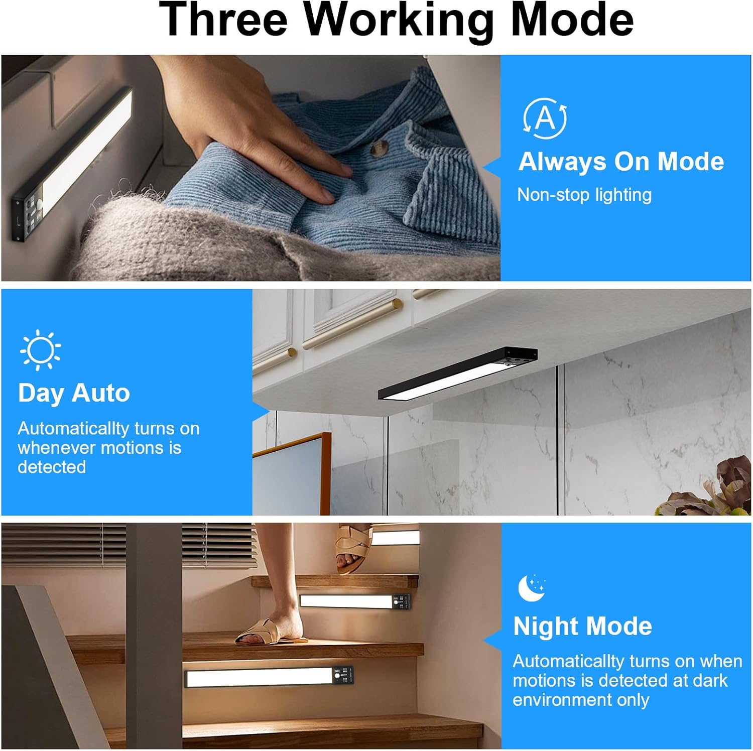 YELKO Under Cabine t Lights,12inch Rechargeable Motion Sensor Closet Light, 3200mAh Battery Operated Nightlights, Cordless Dimmable Motion Activated LED Lamp for Kitchen Wardrobe Cupboard