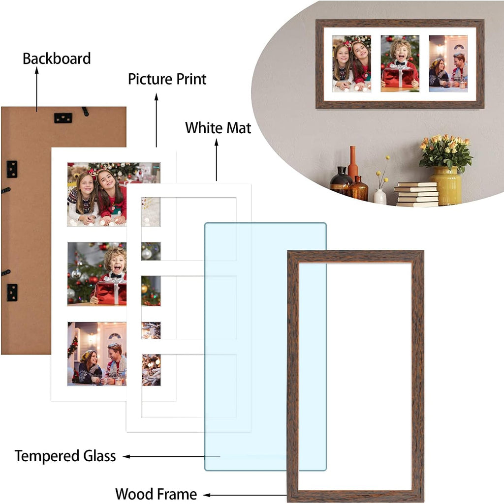 Golden State Art, Set of 3, 9x18 Distressed Brown Wood Frame - White Mat for Three 5x7 Pictures - Sawtooth Hangers- Swivel Tabs - Wall Mounting - Landscape/Portrait - Real Glass - Collage Frame