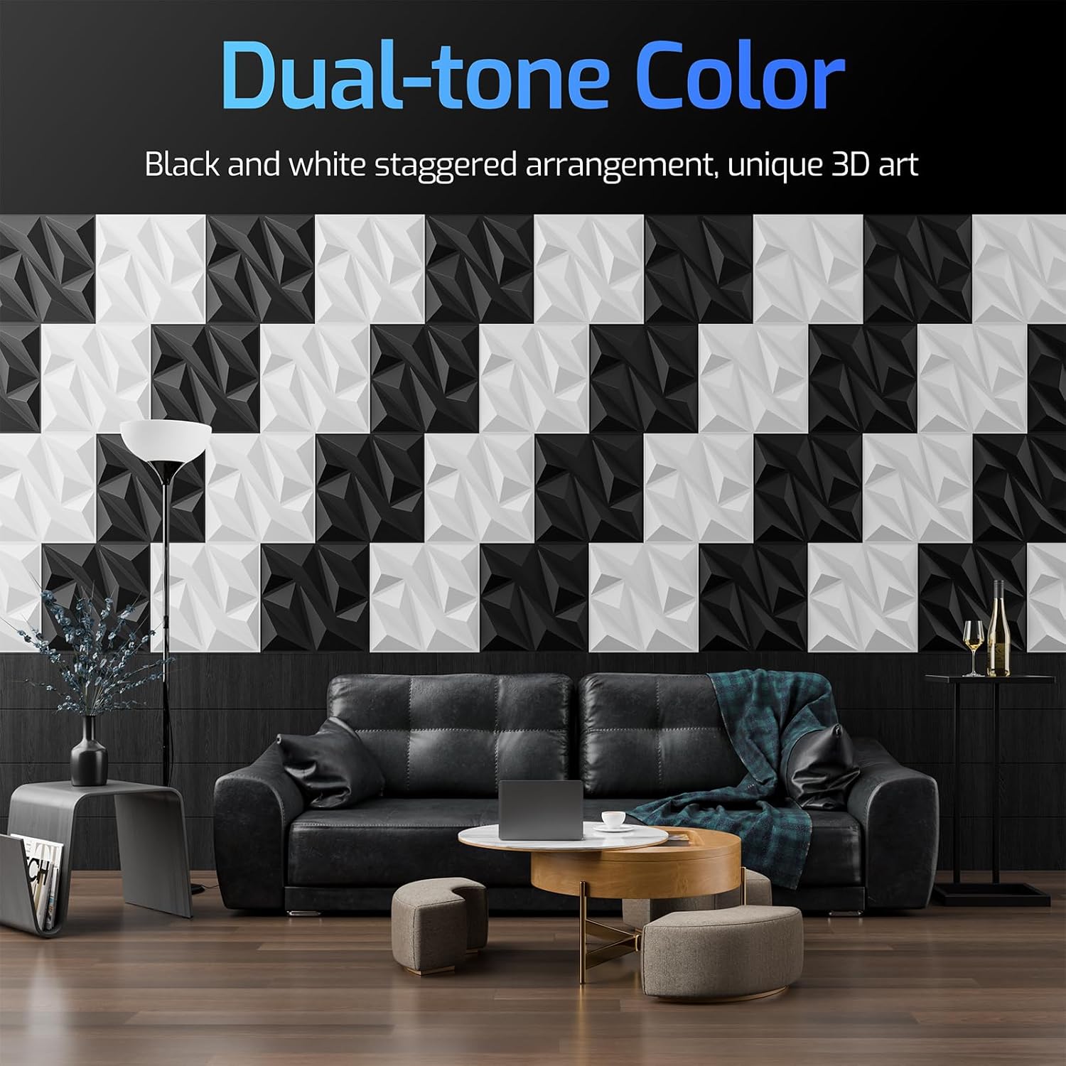72 Pack 3D Wall Panels for Interior Wall Decor, 11.8'' x 11.8'' Decorative Wall Panels, Accent Wall Panels, 3D Diamond Design Wall Decor for Living Room, Bedroom, Gaming Room, Black