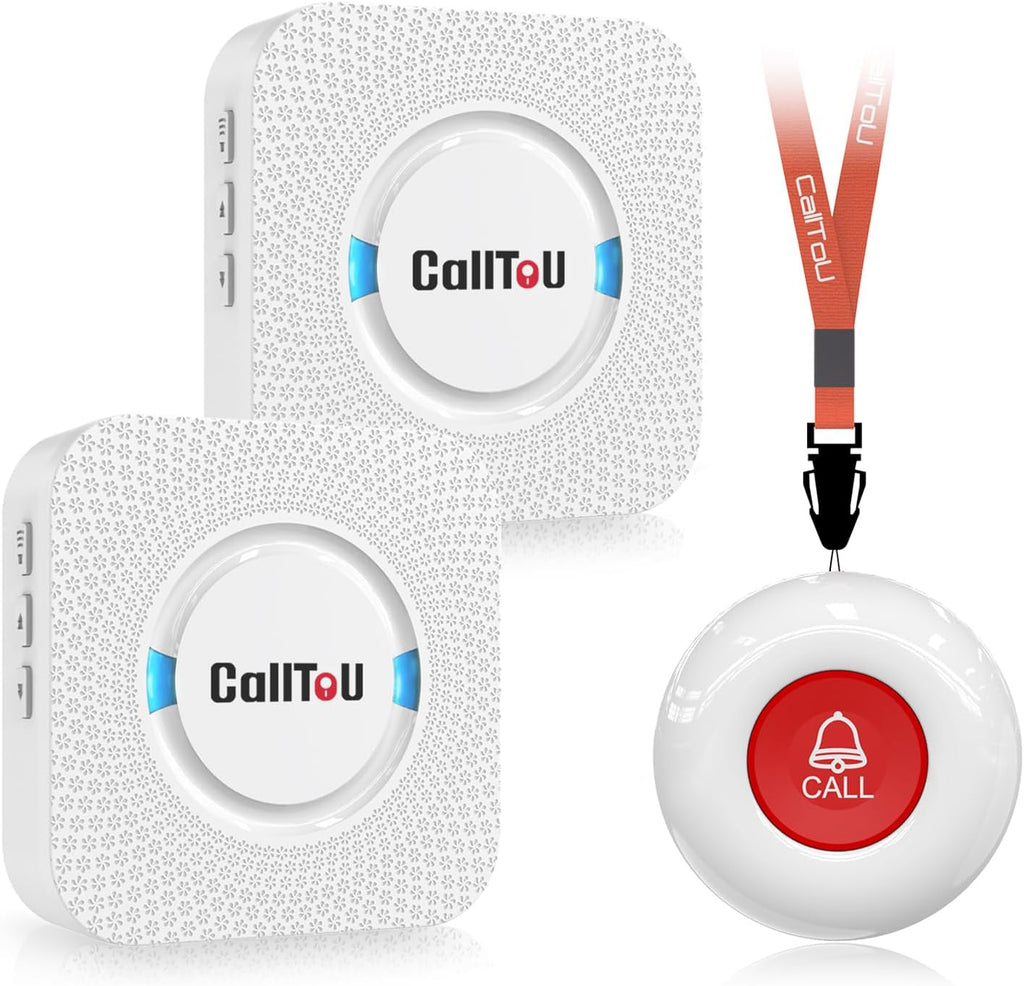 CallToU Caregiver Pager Wireless Call Button Nurse Alert System 500+ Feet for Home/Elderly/Patient/Disabled 2 Plugin Receiver 1 Waterproof Transmitter