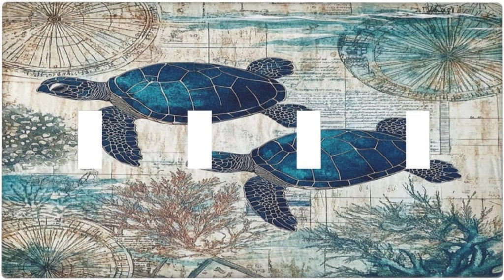 Blue Green Sea Turtle Tropical Ocean Coral Nautical Map Light Switch Covers Quad Toggle Electrical Faceplate 4 Gang Wall Plate Decorative Switch Plates For Bed Room Bathroom Decor