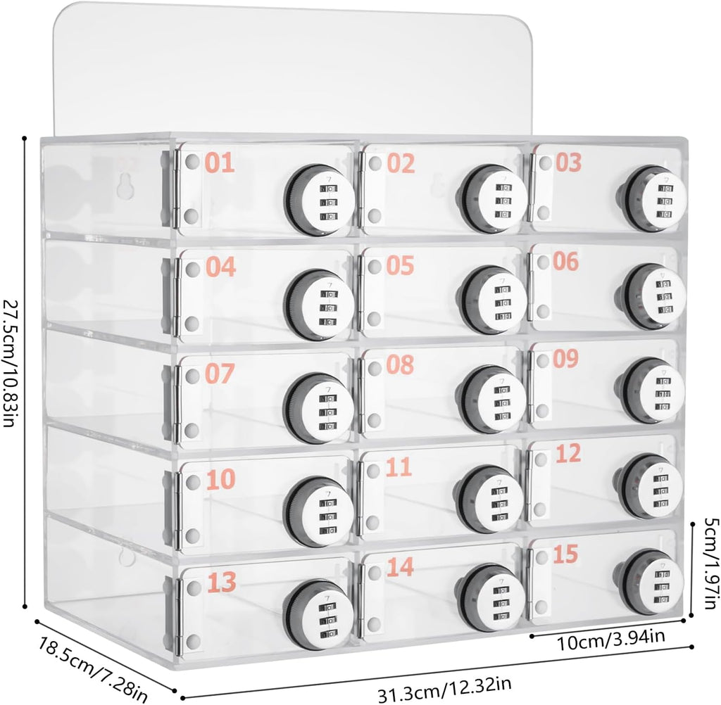 Cell Phone Locker Box 15 Slots Clear Acrylic Cell Phone Organizer Cabinet with Combination Locks Wall-Mounted Locking Cell Phone Storage Box for Classroom Office,Shool,Office (15 Slots, Acrylic)