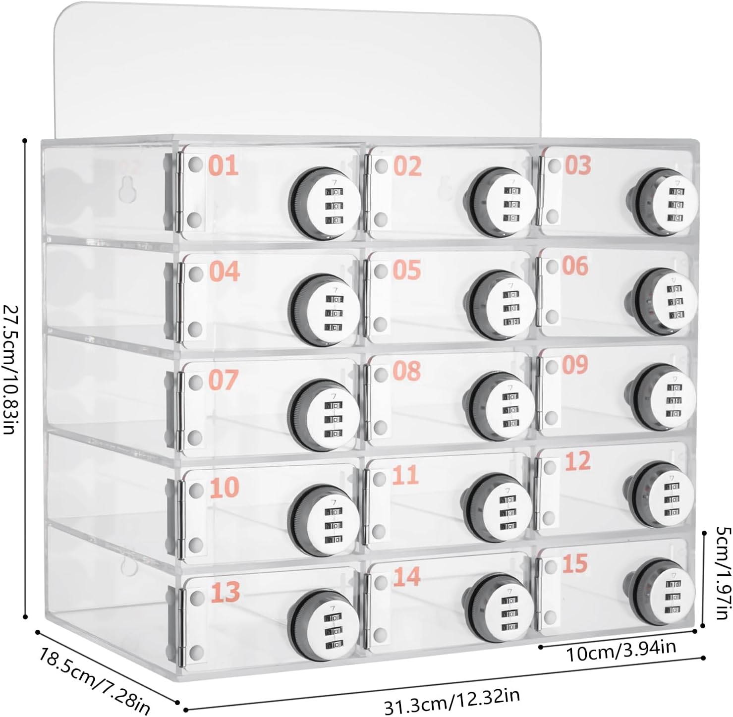 Cell Phone Locker Box 15 Slots Clear Acrylic Cell Phone Organizer Cabinet with Combination Locks Wall-Mounted Locking Cell Phone Storage Box for Classroom Office,Shool,Office (15 Slots, Acrylic)