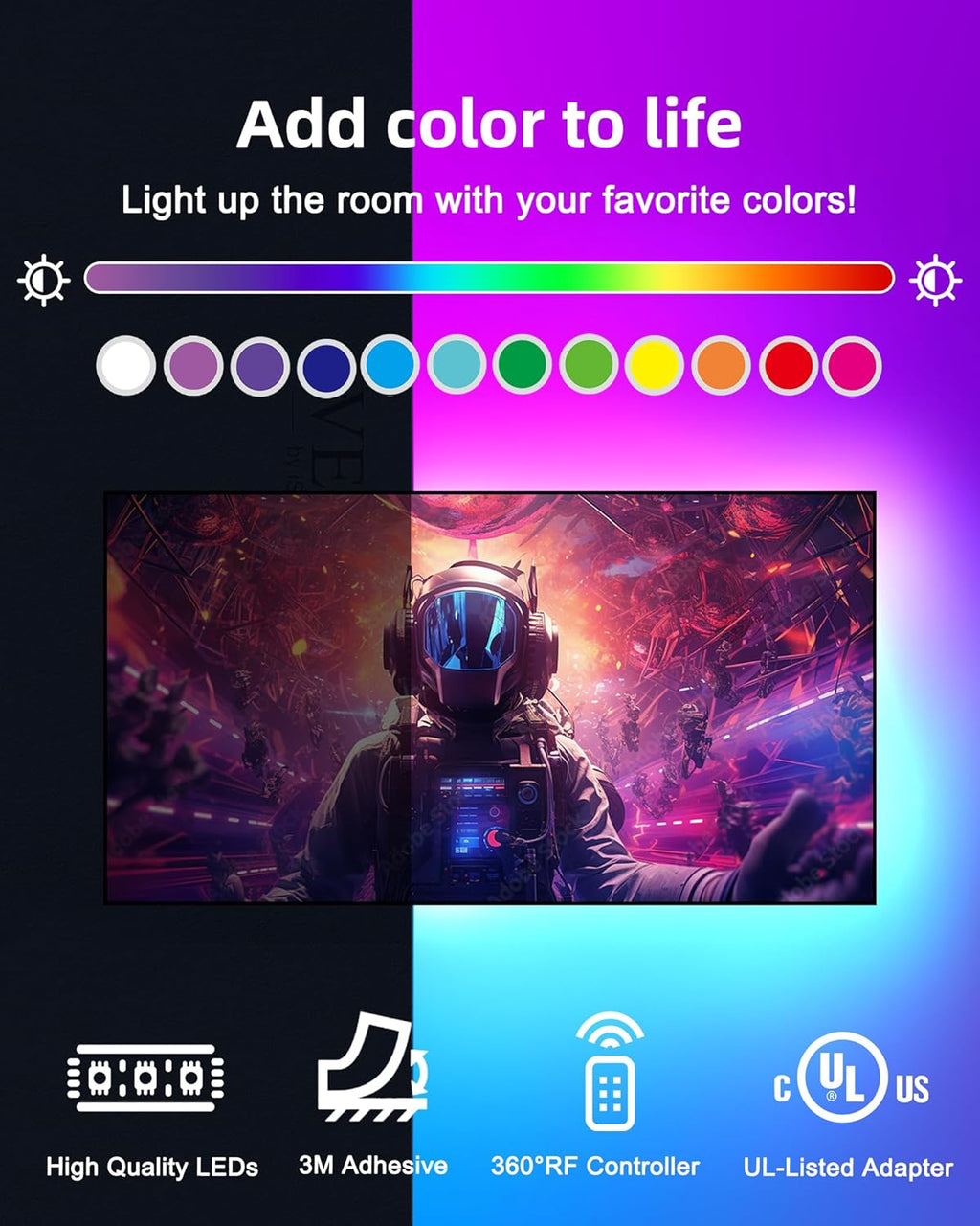 32.8ft LED Strip Lights, HitLights RGB 5050 Color Changing LED Light Kit Ultra Brighter 300LEDs Flexible Light Strips with RF Remote and UL Power Supply for Home Room Party TV Bedroom