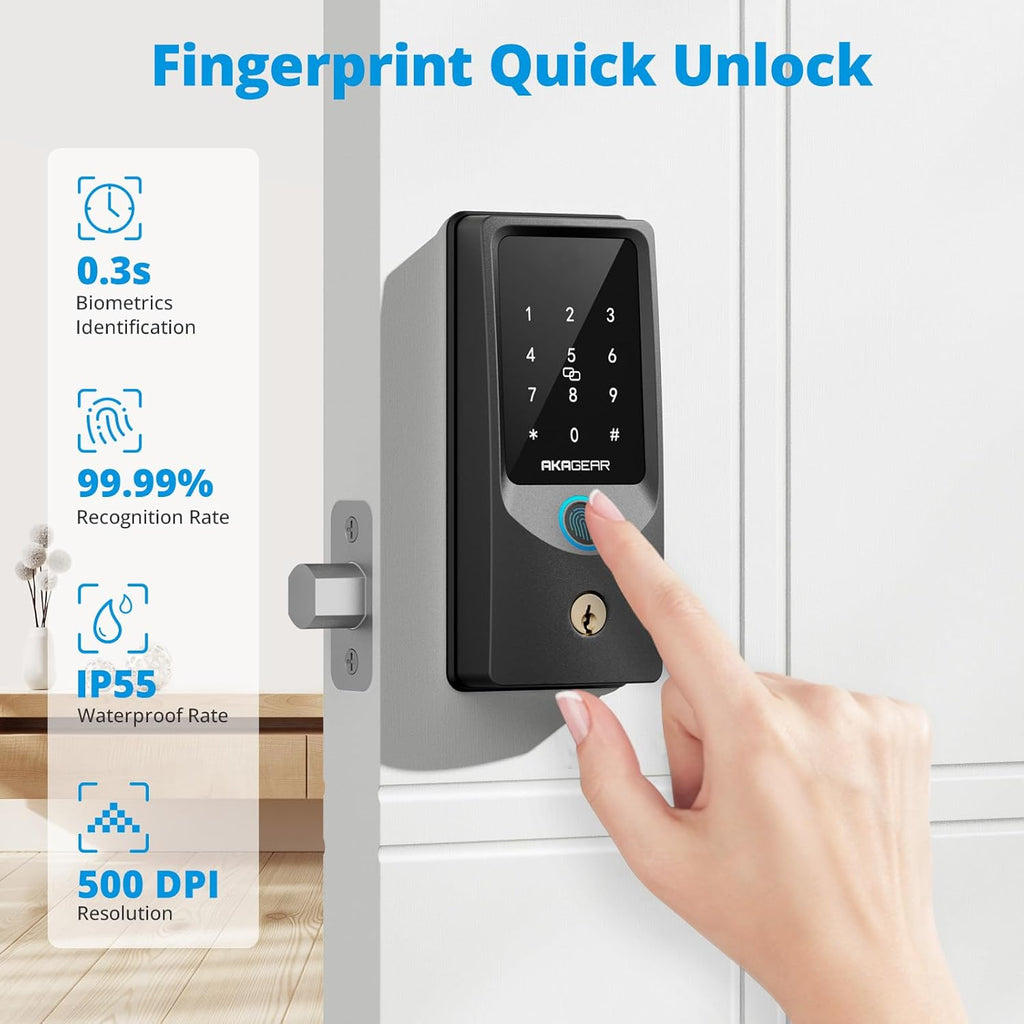 T02 Fingerprint Keyless Entry Door Lock - Built in WiFi, Smart Lock for Front Door, App Remote Control, Auto Lock, Keys, Fob Card, PIN Code Unlock, Touch Keypad Deadbolt with Batteries, Black
