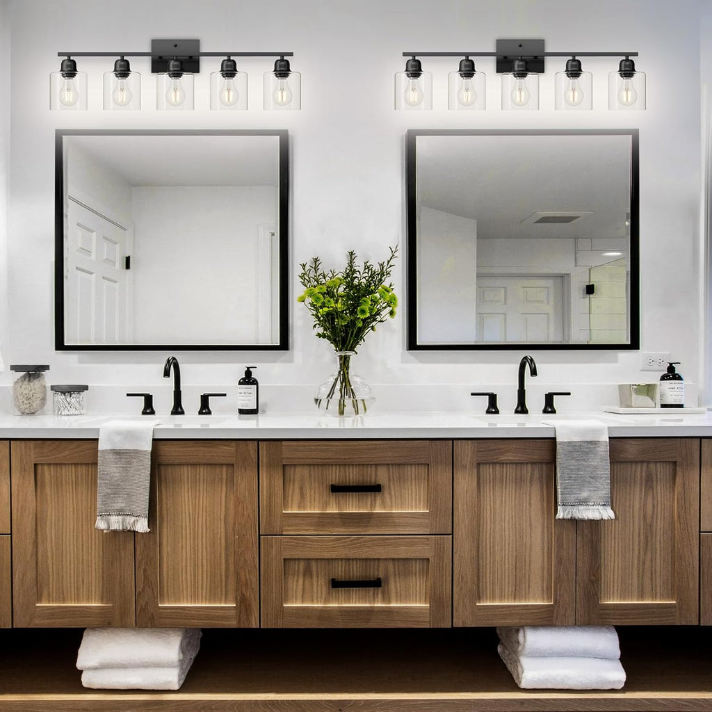Modern 5 Light Bathroom Vanity Light, 31 inch Black Bathroom Lights Fixtures, Vanity Lights with Clear Glass for Mirror Kitchen Living Room Hallway Cabinet Porch