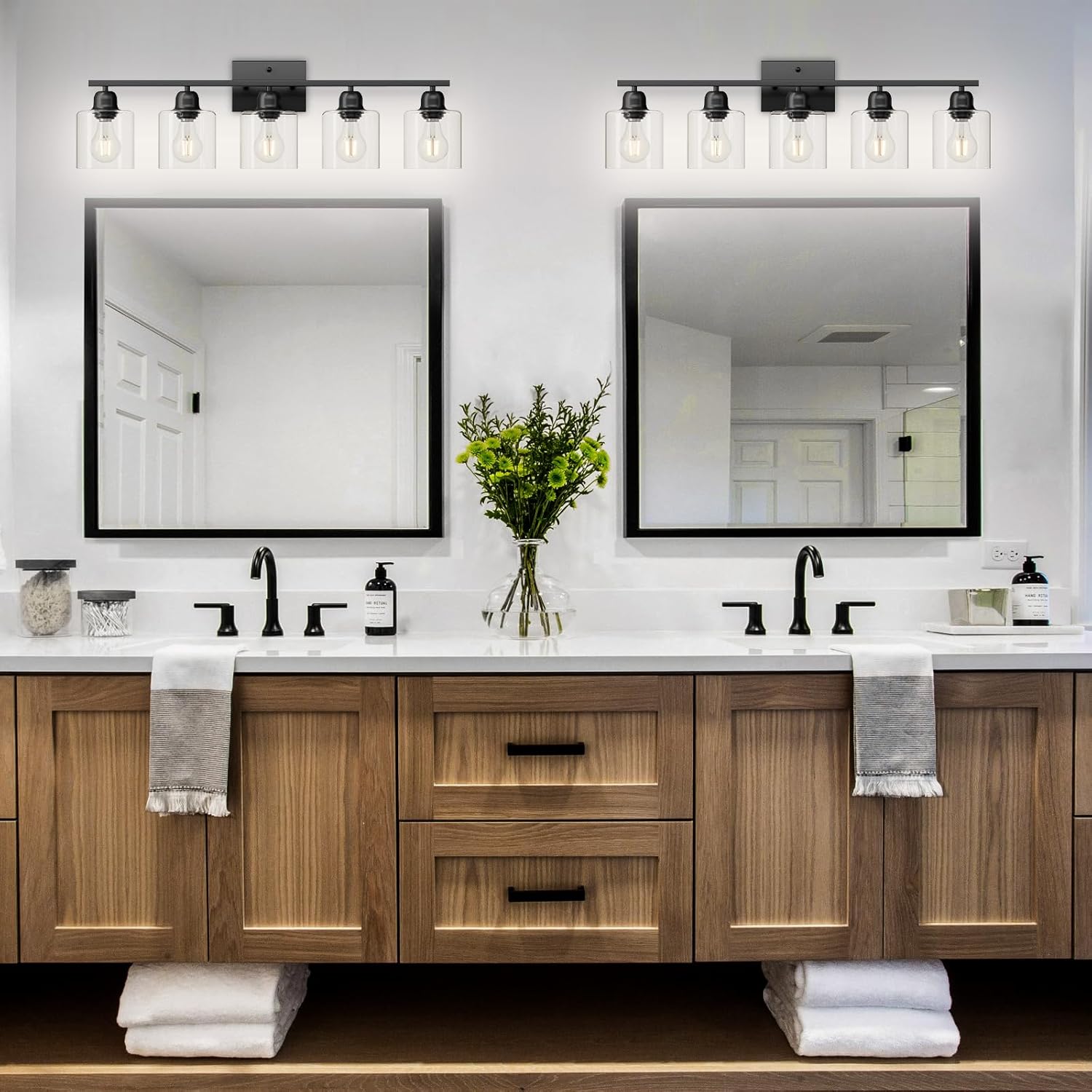 Modern 5 Light Bathroom Vanity Light, 31 inch Black Bathroom Lights Fixtures, Vanity Lights with Clear Glass for Mirror Kitchen Living Room Hallway Cabinet Porch