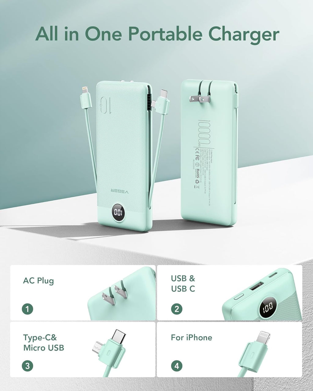 VEGER Portable Charger with Built-in AC Plug and Cables, All in One 10000mAh Ultra Slim Power Bank Travel Essentials, 15W Fast Charging Battery Pack Compatible with iPhone, Samsung, Android (Green)