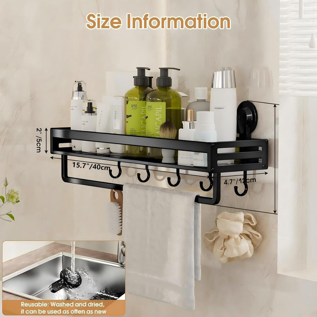 Shower Caddy Suction Cup, 15.8 inch Suction Shower Shelf with Hooks NO-Drilling Bathroom Holder, Rustproof Bathroom Organizer, Black