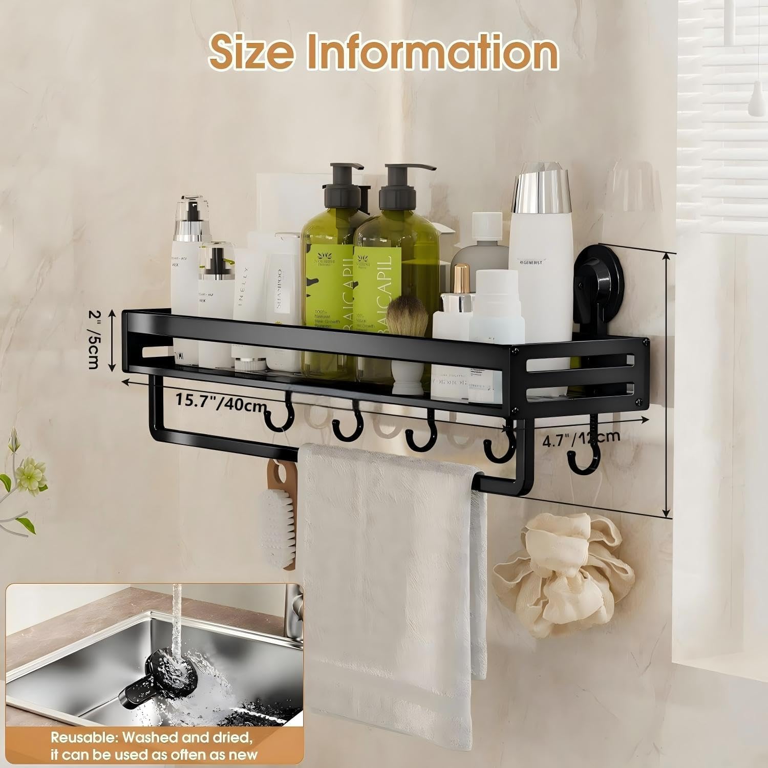 Shower Caddy Suction Cup, 15.8 inch Suction Shower Shelf with Hooks NO-Drilling Bathroom Holder, Rustproof Bathroom Organizer, Black