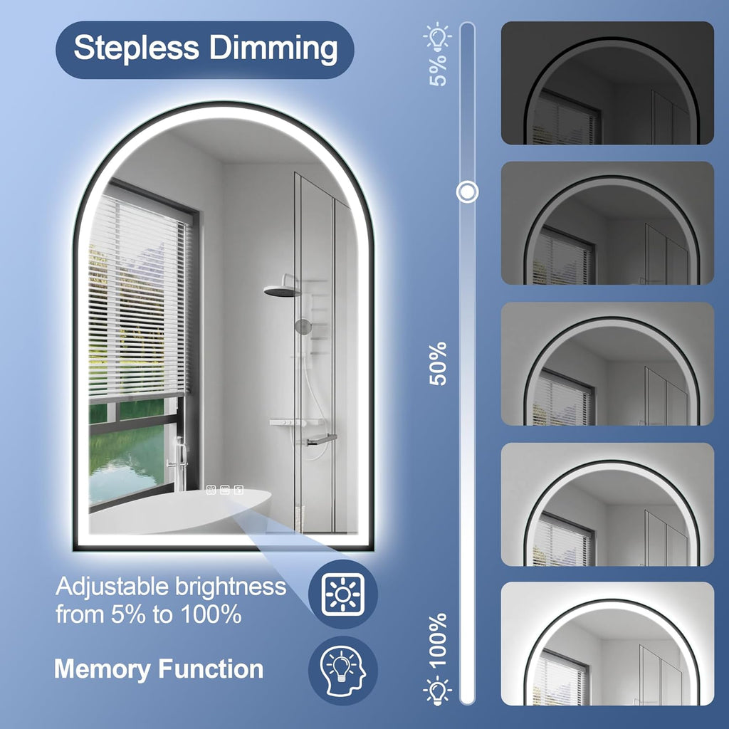 STARLEAD 36"x24" LED-Bathroom-Mirror-with-Lights, Wall-Mounted with Bluetooth, Anti-Fog, 3 Color Temperature Dimmable Brightness, Waterproof, Tempered Glass, Frontlit & Backlit, Black Frameless Arched
