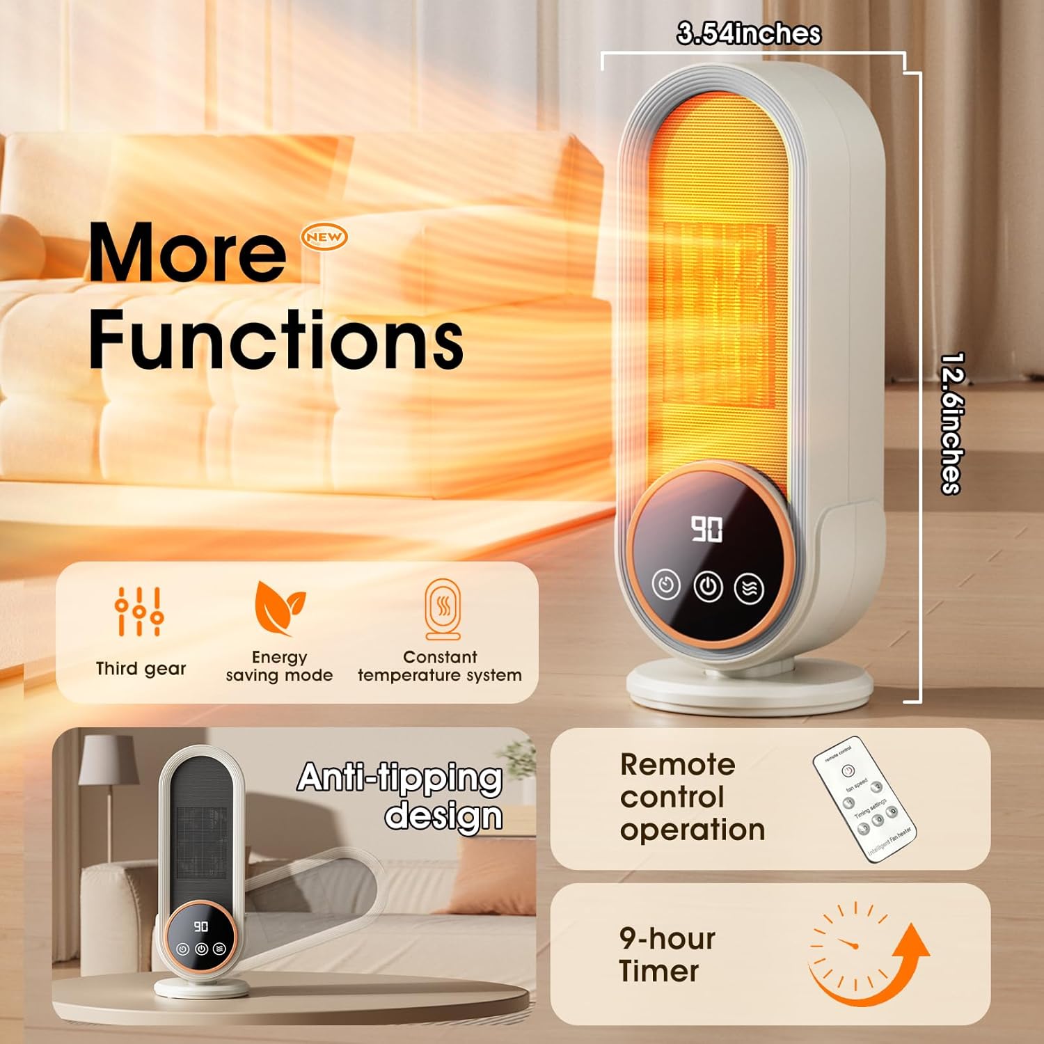 Space Heater Indoor - Energy Efficient Portable Heater with Adjustable Thermostat,1200W PTC Rapid Heating Ceramic Technology with Remote,Intelligent Timing