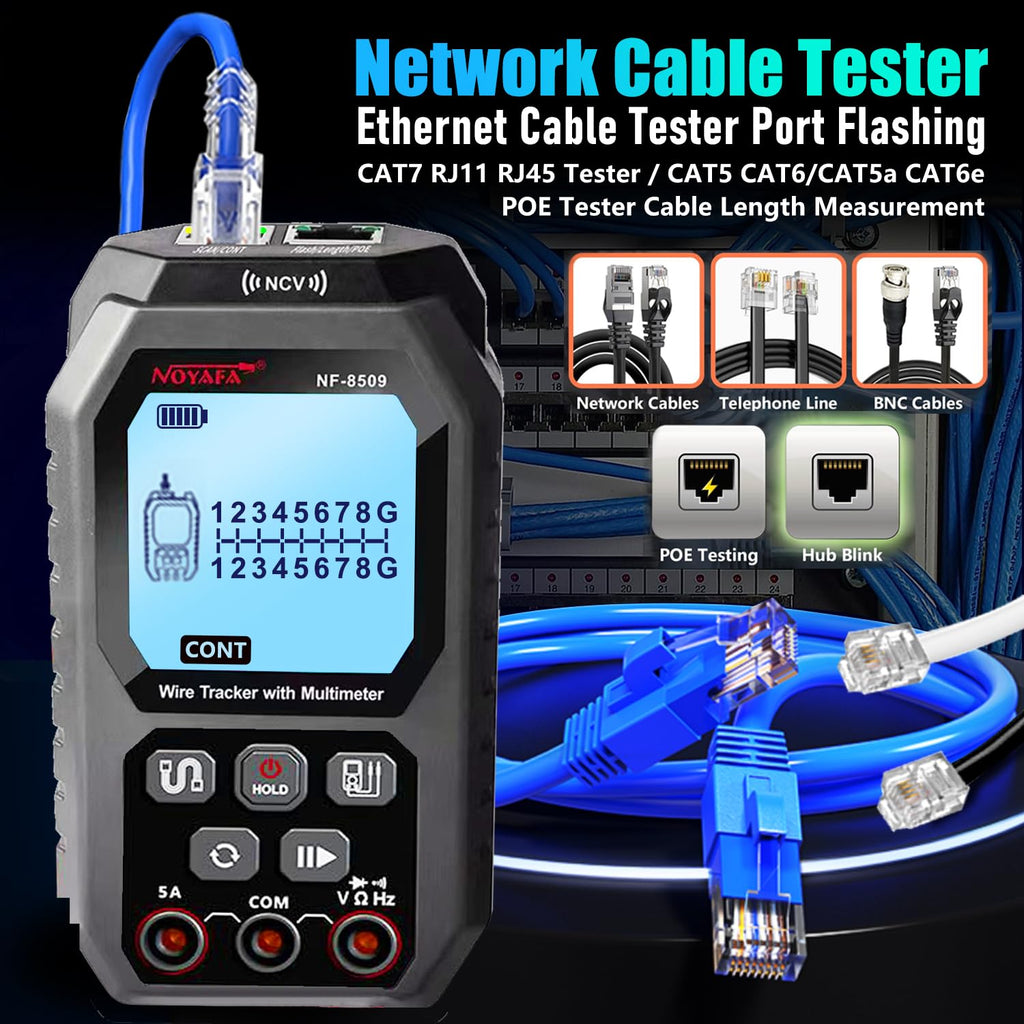 NF-8509 Network Cable Tester (with Multimeter Tester), POE/RJ45 RJ11 CAT5 CAT6 LAN/Ethernet Port Flashing, Anti-Interference TDR Network Tester/NCV Anti-Burnout AC DC Voltmeter Network Tool