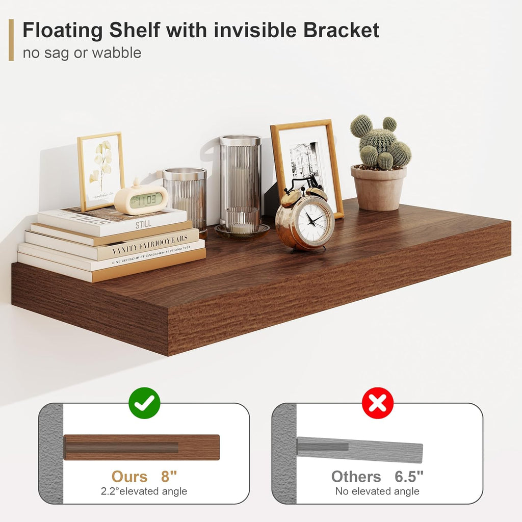 Heimlove Walnut Bathroom Shelf Floating Shelves for Over Toilet Long Wall Mounted Modern Farmhouse,48 x 12 with Invisible Brackets for Living Room, Kitchen, Bedroom
