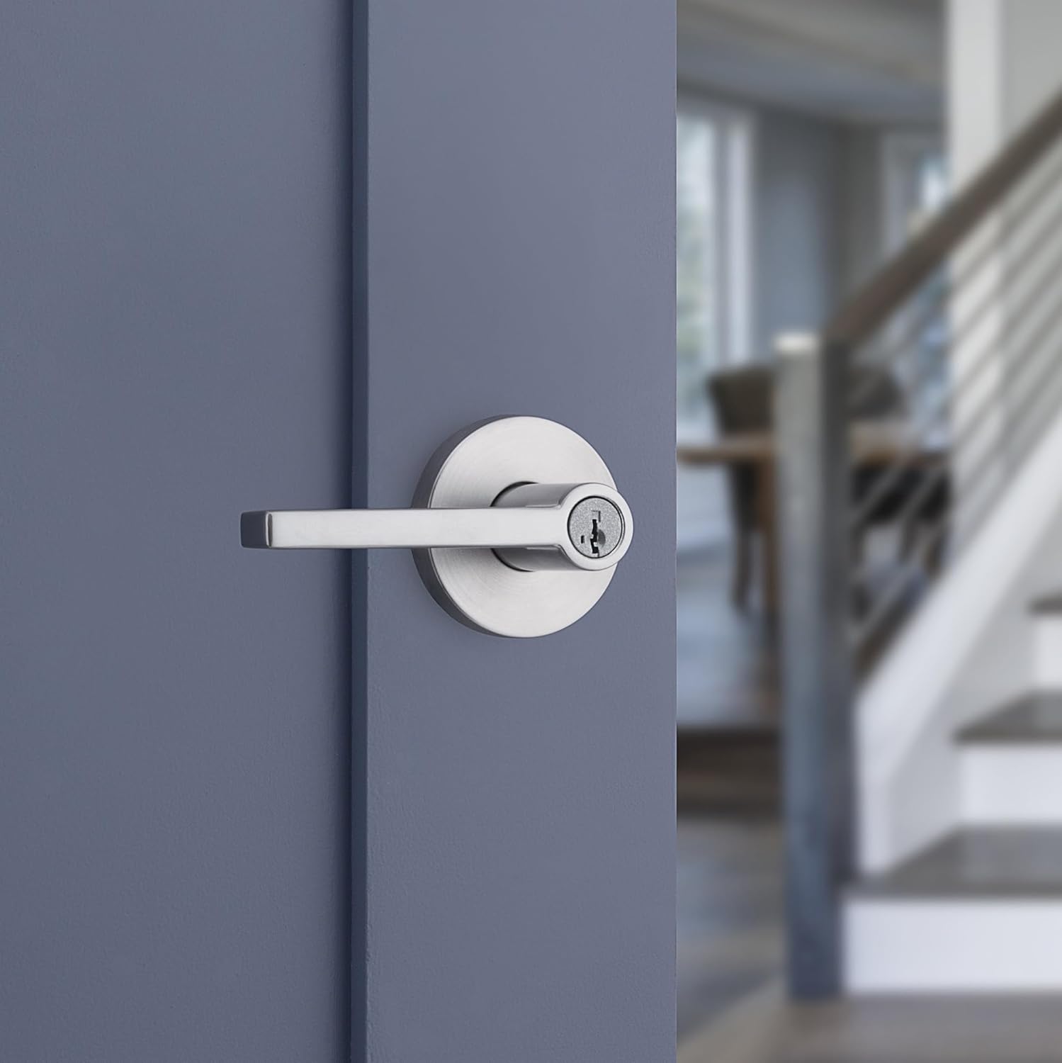 Kwikset Halifax Entry Door Handle with Lock and Key, Secure Round Keyed Reversible Lever Exterior, for Front Entrance and Bedrooms, Satin Chrome, Pick Resistant Smartkey Rekey Security and Microban