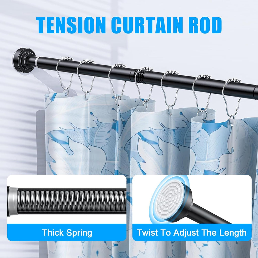TEECK Shower Curtain Rod, 32-92 inch Adjustable Spring Tension Curtain Rod, Never Rust Anti-Slip Shower Curtain Rod for Bathroom, No Drilling, Never Collapse, Easy to Use, Black