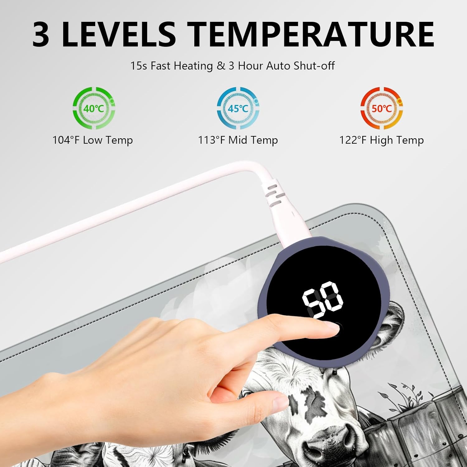 Heated Mouse Pad with 3 Levels Heated & 3 Hours Auto Shut-Off Mouse Pad for Warming Hands in Office Home, 23.6" x 14.2"Large Safe Desk Mat Hand Warmer，Three Lovely Cows