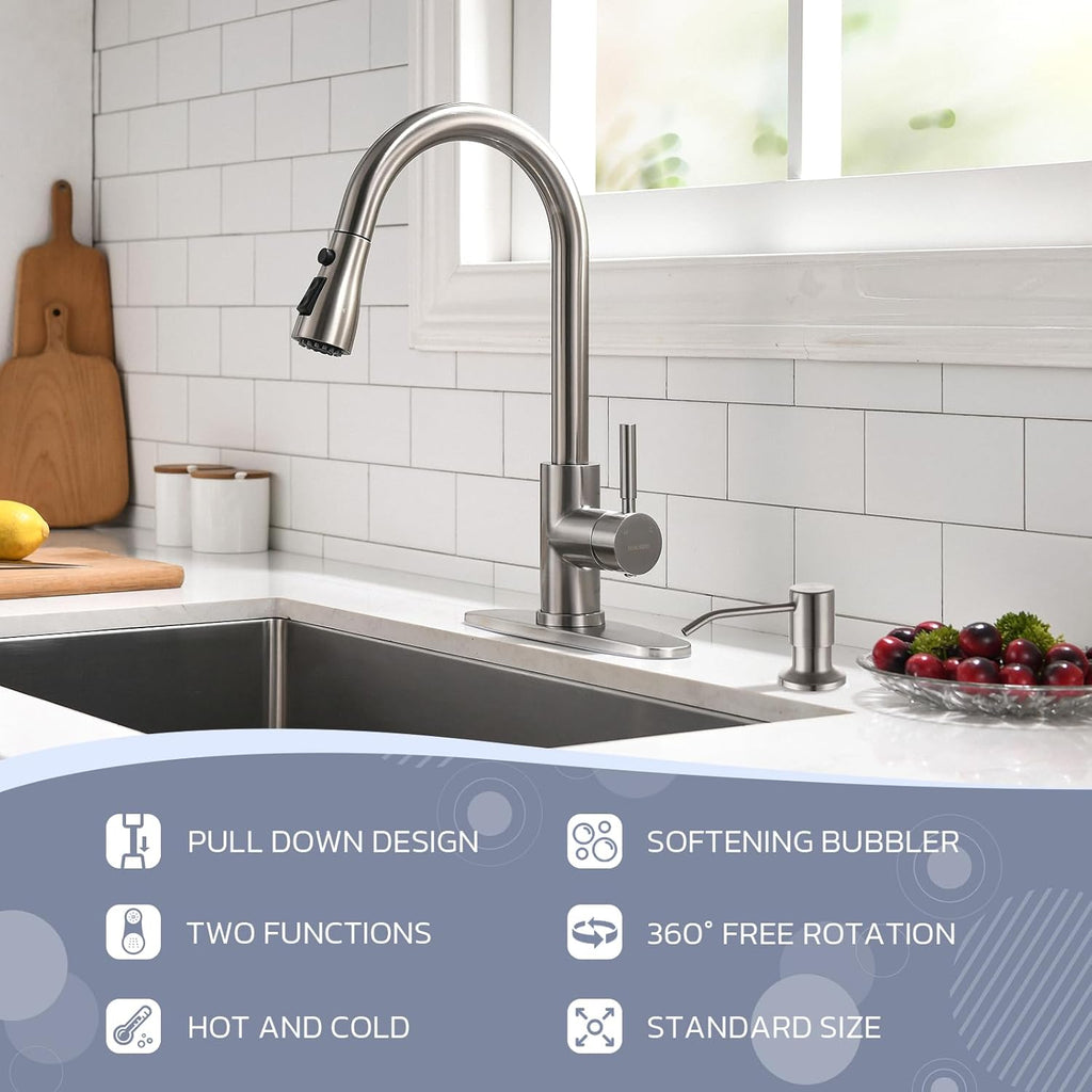 WEWE Kitchen Sink Faucet with Soap Dispenser, Kitchen Faucet with Pull Down Sprayer 3 Modes Stainless Steel Single Handle Single Hole Pull Out Brushed Nickel Faucet for Bar Laundry RV Utility Sink