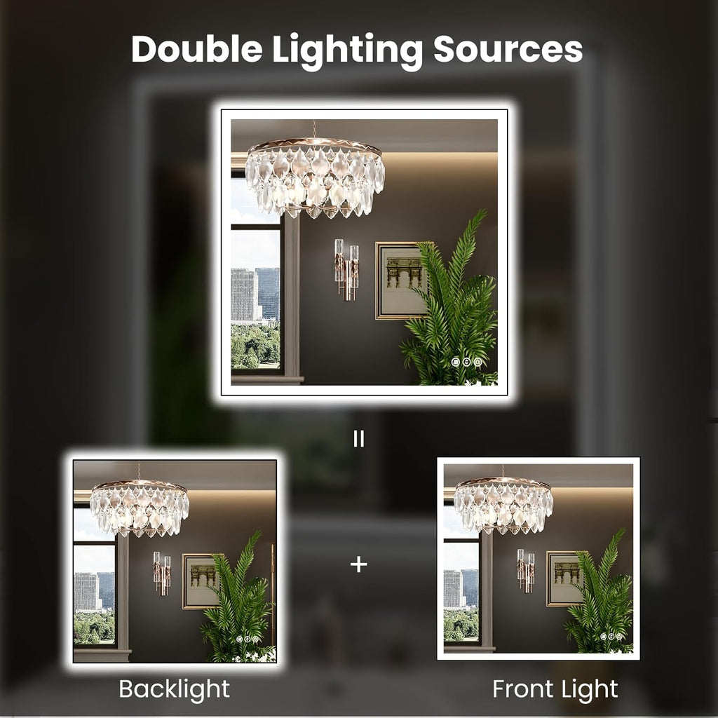 WTTY 36"X36" LED Bathroom Mirror with Black Frame, Bathroom Vanity Mirror with Lights for Wall, Front Light and Backlit, Anti-Fog, Dimmable, 3 Colors, Shatterproof, Memory, Horizontal/Vertical