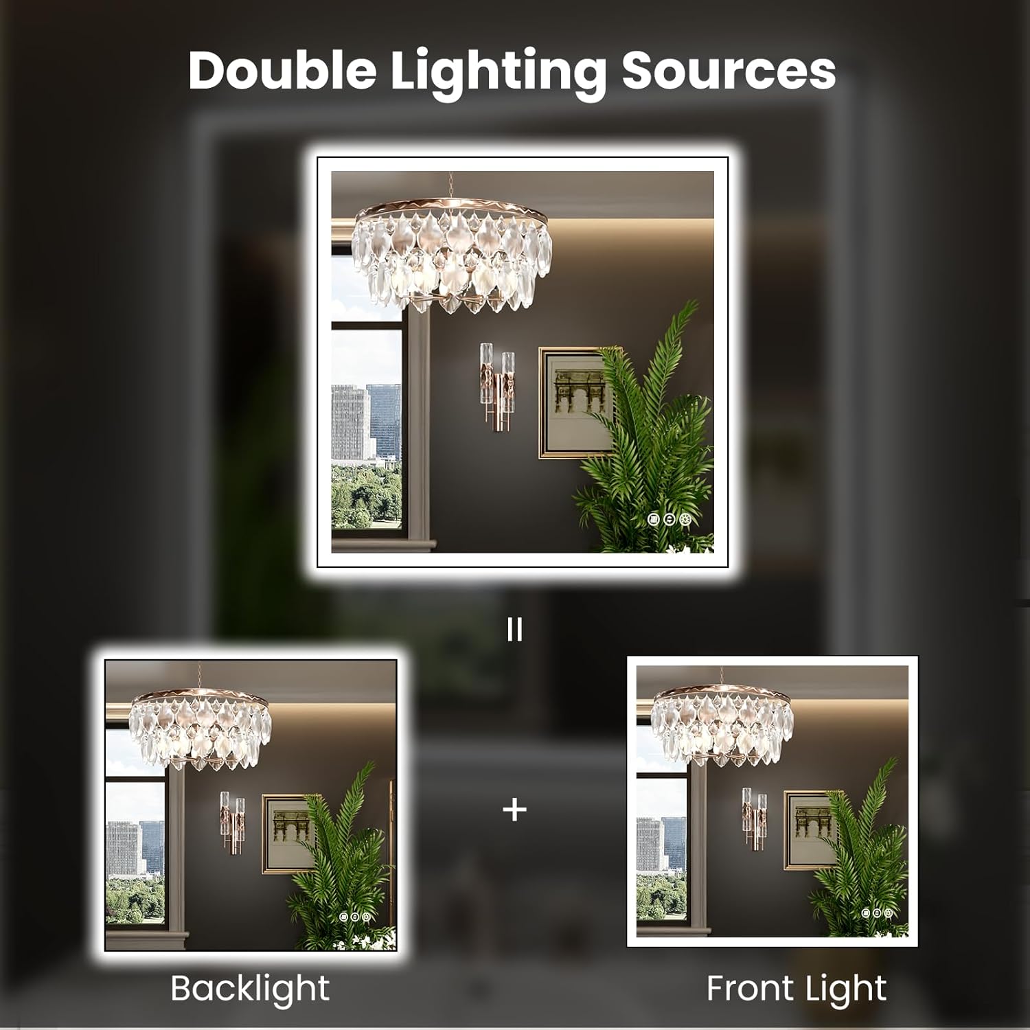 WTTY 36"X36" LED Bathroom Mirror with Black Frame, Bathroom Vanity Mirror with Lights for Wall, Front Light and Backlit, Anti-Fog, Dimmable, 3 Colors, Shatterproof, Memory, Horizontal/Vertical