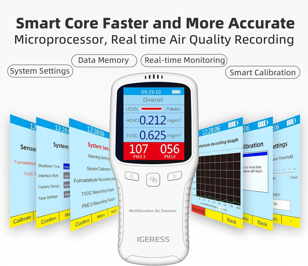 Air Quality Monitor Indoor, 8 in 1 Formaldehyde Detector, voc Meter, Detect Indoor HCHO,TVOC,AQI,PM2.5,PM10,PM1.0,Temperature and Humidity Tester. Colorful LCD Screen & USB Charging (White)
