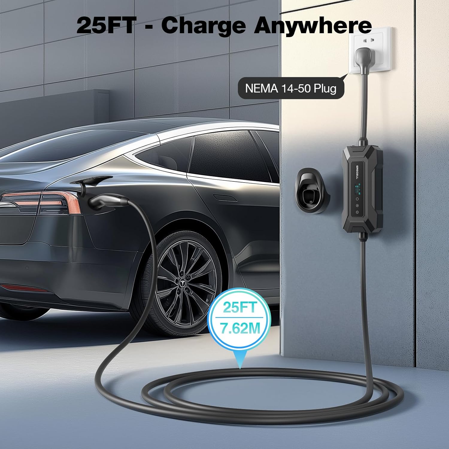 Level 2 EV Charger for Tesla, Portable/Mobile NACS Charger (32Amp, 240V, 7.68kW, NEMA 14-50 Plug), ETL Certified Electric Vehicle Charging Station with 25ft Cable Compatible with Tesla Model X/Y/3/S
