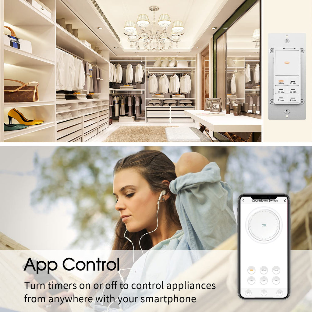 Minoston WiFi Timer Switch - Smart Countdown Timer, 5-15-30 Minutes/1-2-4 Hour, ON/OFF, Neutral Wire Needed, for Lights, Fans, Heaters, ETL Listed