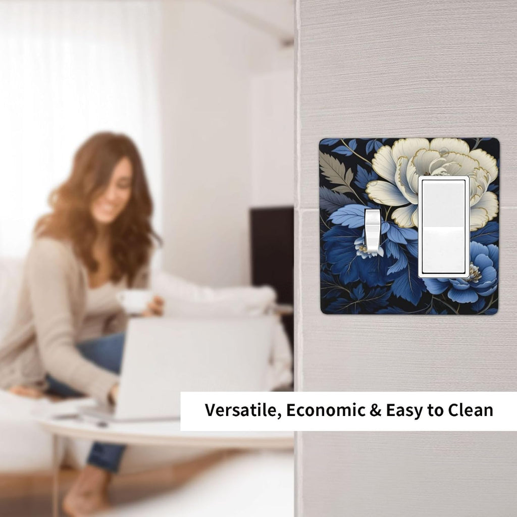 Blue White Flowers Light Switch Covers 2 Gang Single Toggle Rocker Combination Wall Plate Cover Electrical Faceplate Decorative Switchplate for Farmhouse Living Decor