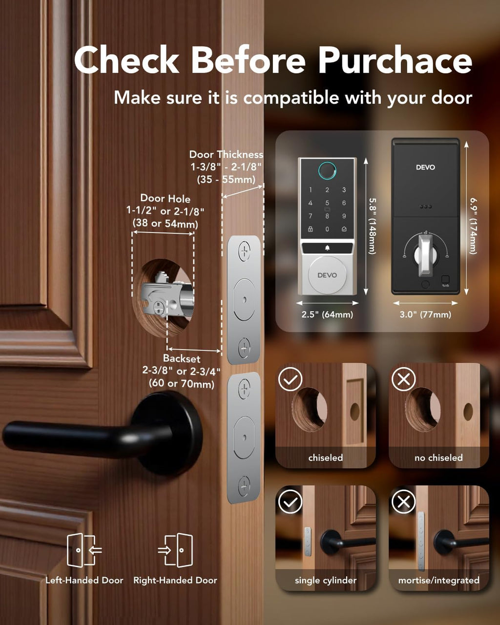 Devo G2 Fingerprint Smart Door Lock, Keyless Entry Door Lock, App Control, Smart Locks for Front Door, Smart Deadbolt Lock, Built-in Bluetooth, Touchscreen Keypad, 8 Months Battery, IP54 Waterproof