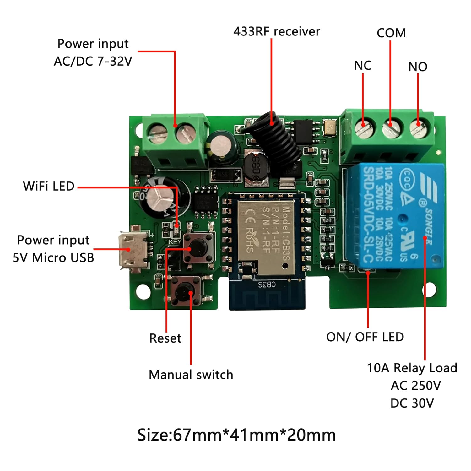 Jane Eyre WiFi Wireless Relay Module 1 Channel Remote Switch Momentary/Self-Locking Relay with 433MHz RF Remote Control Compatible with Alexa, Echo and Google Assistant