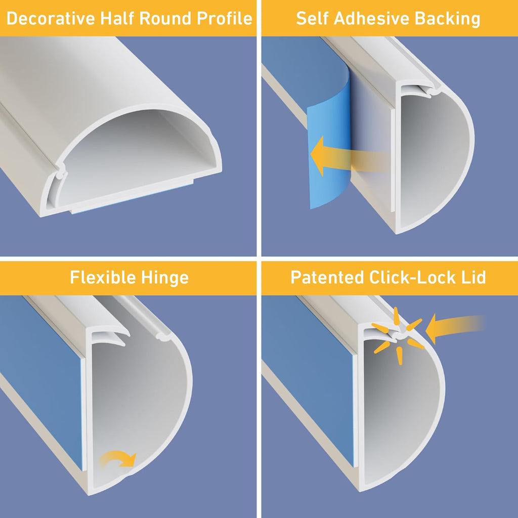 D-Line 13.12ft Cord Hider Kit, Patented Cable Cover, Hide Wires on Wall, Channel for TV Mount Cords, Raceway Wire Hiders, Paintable, Adhesive, Half Round, 4X 1.18in W x 0.59in H x 39in Lengths, White