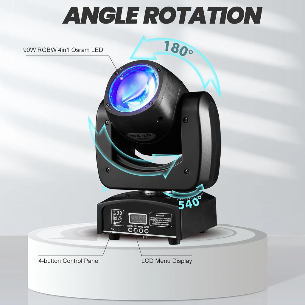 90W LED Moving Head DJ Lights Mini Beam Stage Lights Super Bright Spot RGBW 4IN1 DMX 512 13CH Sound-Activated for Wedding DJ Party Stage Lighting (90W, 1)