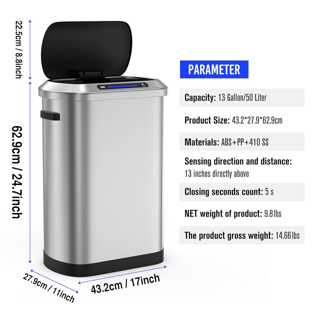 Touchless Automatic Motion Sensor Trash Can, 50L/13 Gallon Stainless Steel Smart Bin for Kitchen, Office, Bedroom, Living Room with Built-in Bag Holder - Black