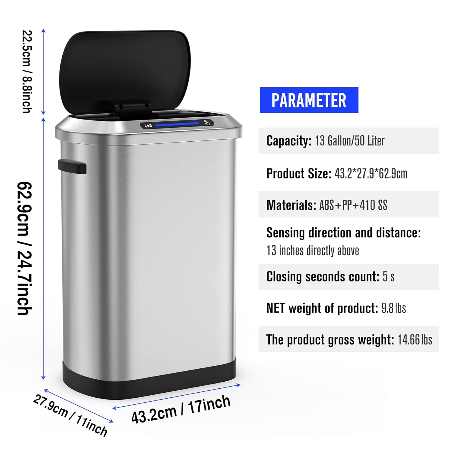 Touchless Automatic Motion Sensor Trash Can, 50L/13 Gallon Stainless Steel Smart Bin for Kitchen, Office, Bedroom, Living Room with Built-in Bag Holder - Black