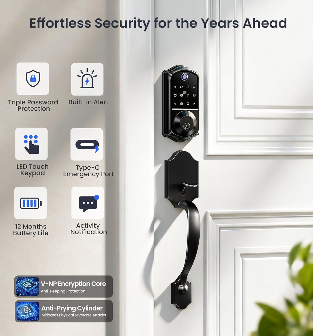 Veise VE017-H Fingerprint Smart Front Door Lock Set, App Control, Keyless Entry Deadbolt with Handle, Smart Deadbolt, Emergency Power Port, Touchscreen Keypad, Auto Lock, Easy Install, Matte Black