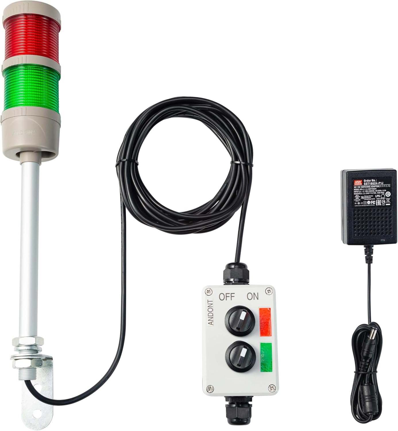 2 Stack Super Bright LED Andon Tower Lights with Buzzer, Red/Green, Off-ON or Flash,16 ft Extension Cord, 6 ft Industrial Adapter, Plug Play Ready – for Manufacturing & Industrials, Automotive