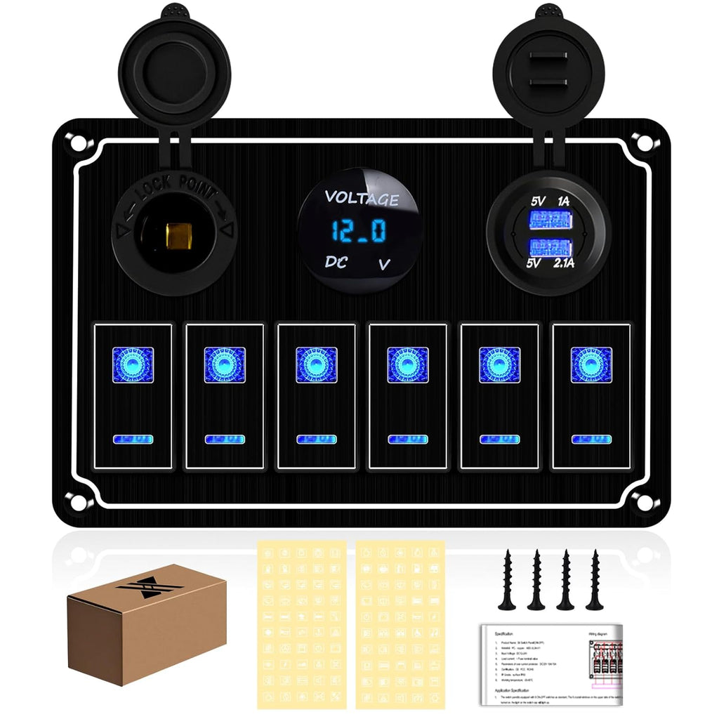 Waterproof Toggle Switch Panel 6 Gang 12V/24V Aluminum Rocker Switch Panel with Dual USB Charger Socket Voltmeter, Pre-Wired Multi-Function Switch Panel for Automotive RV Truck Vehicles