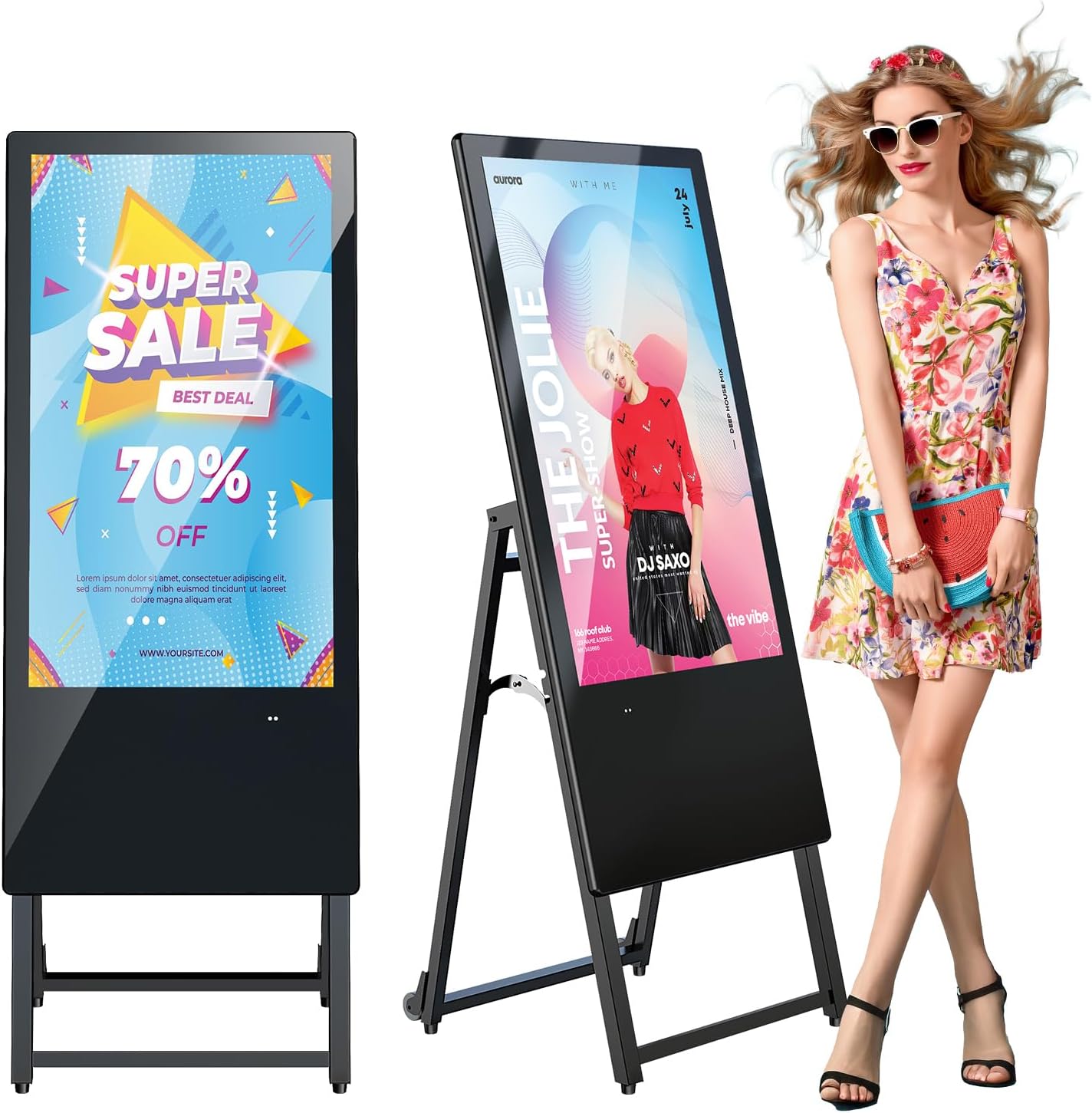 JIYANG 32 Inch Indoor Digital Signage Display,Floor Standing Advertising Digital Kiosk with Wheels,Portable LCD Poster Totem Support HDMI Input,Split Screen,Timed Open/Off,Android System