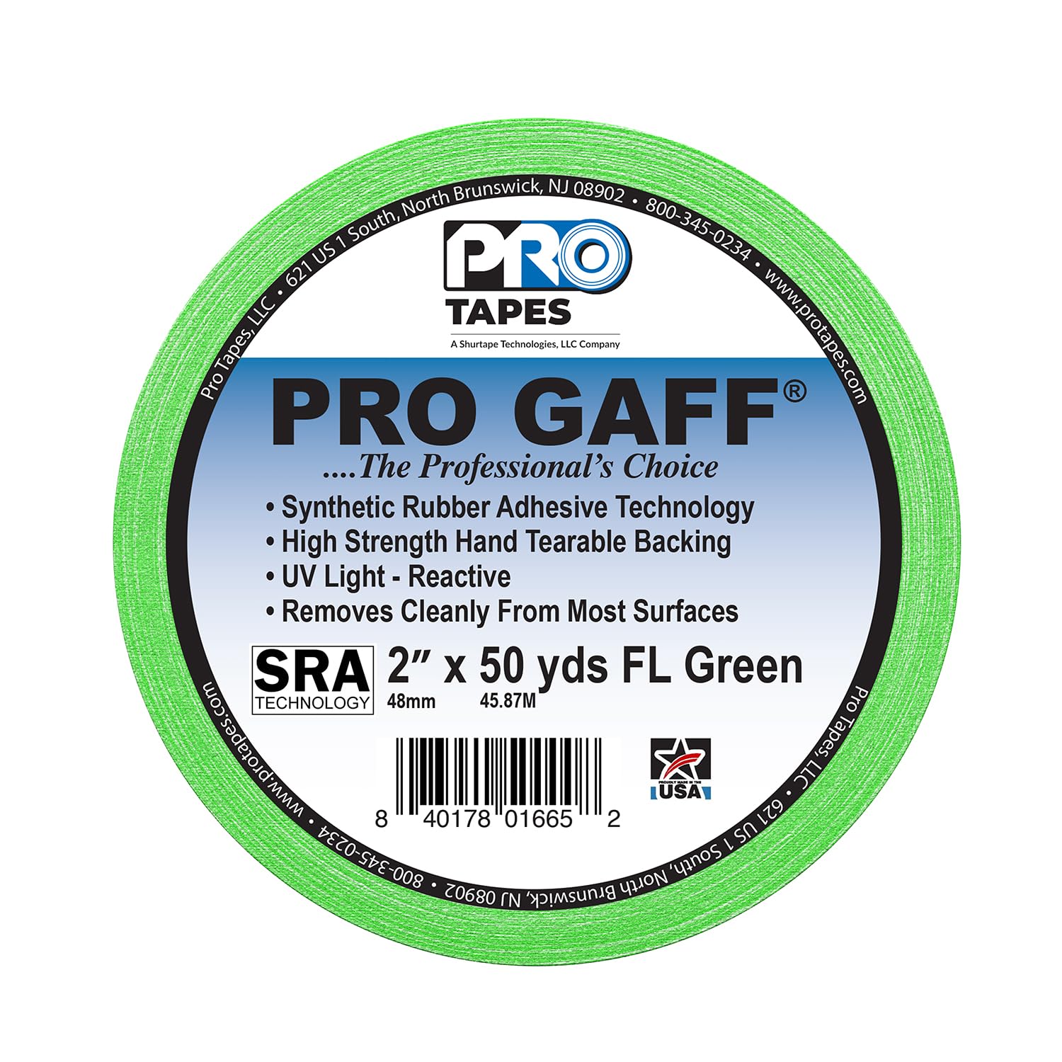 2" Width ProTapes Pro Gaff Premium Matte Cloth Gaffer's Tape With Rubber Adhesive, 50 yds Length x, Fluorescent Green (Pack of 1)