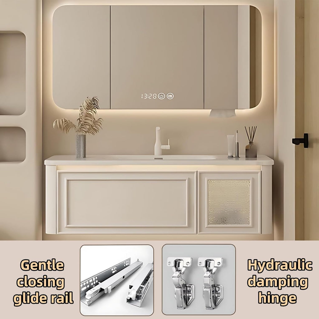 36IN Wall Mounted Bathroom Vanity Set - Wood Bathroom Vanities has Tissue Hole Design | Includes Smart Defogging Mirror Cabinet & Time Display, Rounded Corners, Glass Cabinet Doors (Style A)