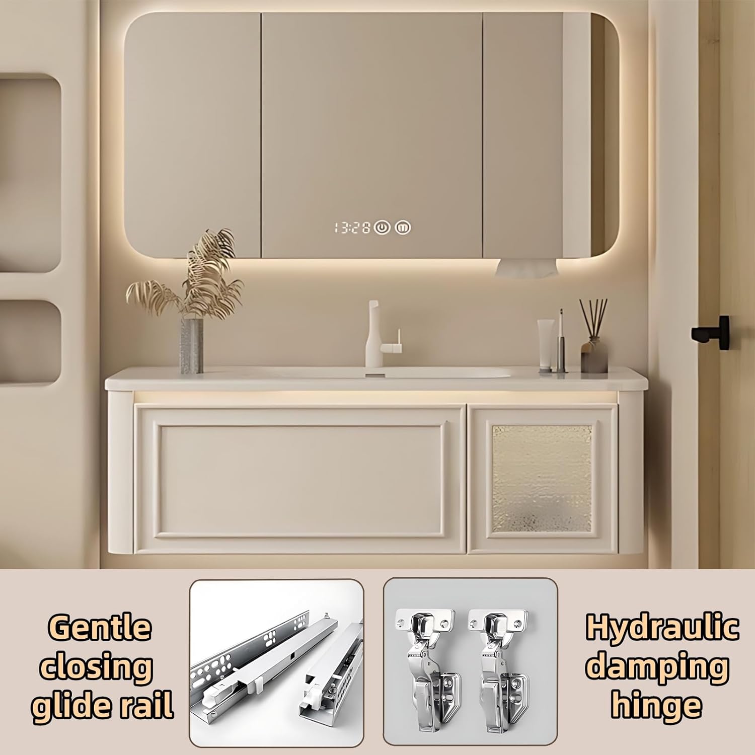 36IN Wall Mounted Bathroom Vanity Set - Wood Bathroom Vanities has Tissue Hole Design | Includes Smart Defogging Mirror Cabinet & Time Display, Rounded Corners, Glass Cabinet Doors (Style A)
