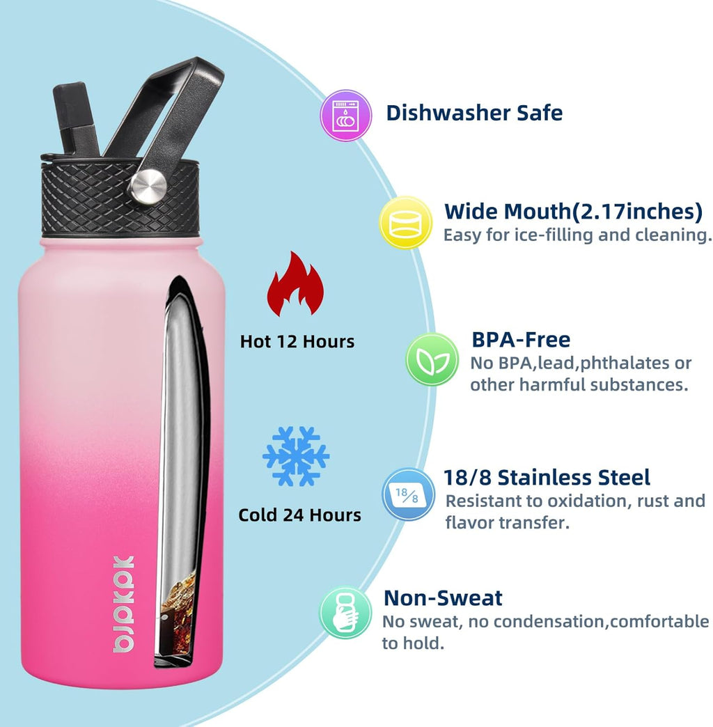 BJPKPK 2 Pack Insulated Water Bottles with Straw Lids, 27oz Stainless Steel Metal Water Bottle with 6 Lids, Leak Proof BPA Free Jugs, Cups, Flasks for Travel, Sports (Cherry+Black)
