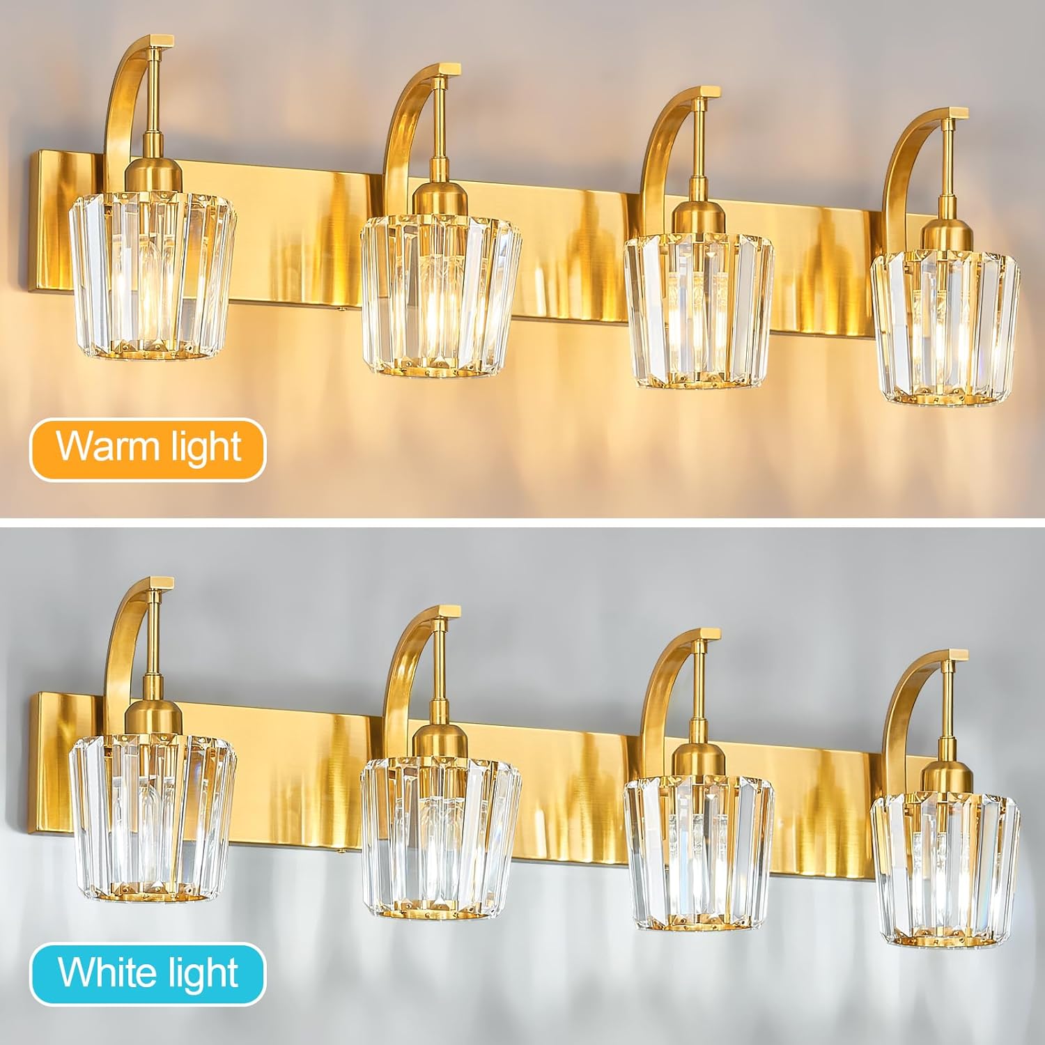 Modern Bathroom Vanity Light, 4-Light Gold Wall Sconce with Crystal Accents, Over Mirror Bathroom Lighting Fixture, 32.67" Long Dimmable Vanity Lamp for Makeup, Easy Installation