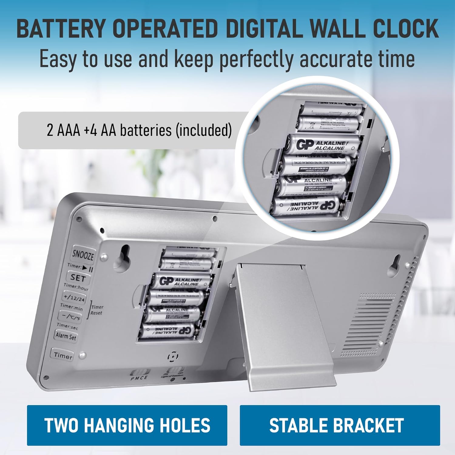 TXL Silver Large Digital Wall Clock with Backlight, 14.2" Battery Operated Alarm Clock with Day, Date & Temperature, Large Wall Clock for Classroom,Bedroom, Livingroom, Office，（Battery Included）