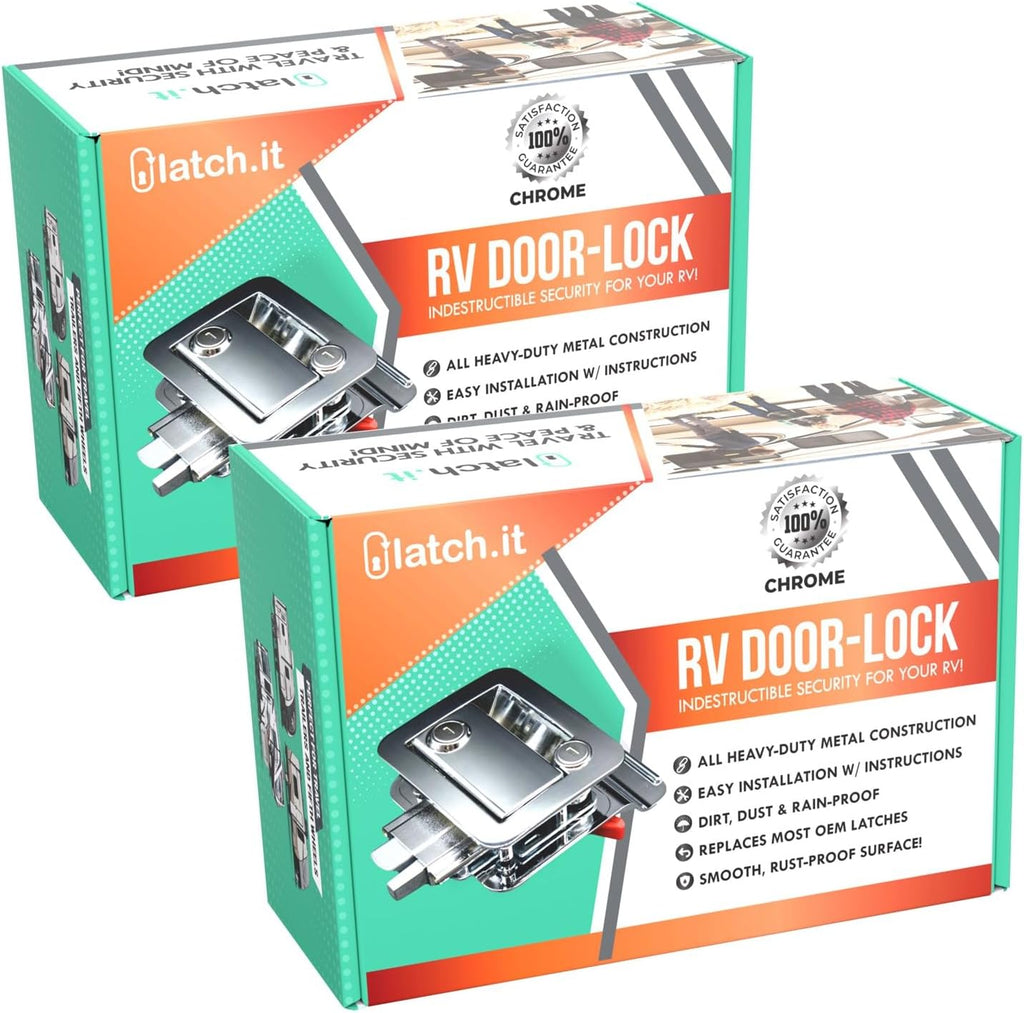 LATCH.IT Chrome RV Door Latch | 2 Keyed Alike RV Door Locks for Travel Trailers | 100% Metal Camper Door Lock w/ 4 Keys | Easy-to-Install & Fits Most!