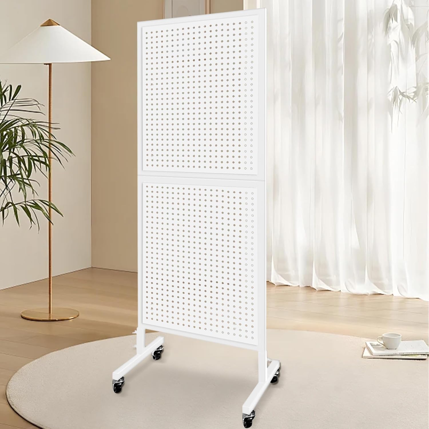 Royxen Standing Pegboard Display 2 x 5 Feet, Metal Pegboard with 30 Hooks, Peg Board Display Stand with Wheels for Vendors, Home and Retail Store (White)