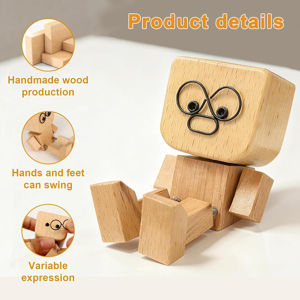 Shaking Wooden Man Figurine for Car Dashboard, Handmade Shaking Feet Wooden Man with 12PCS Magnetic Expressions, Creative Wood Desktop Decor Gifts