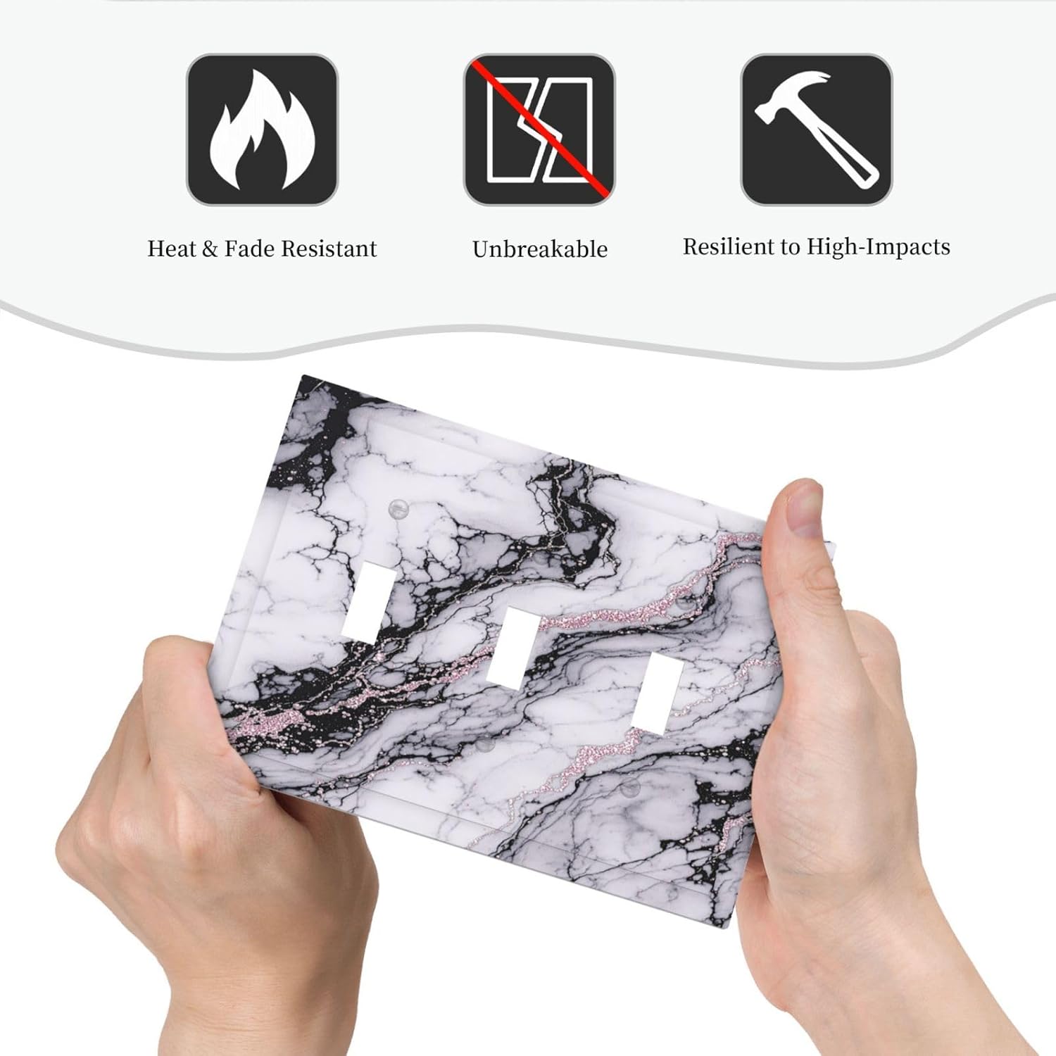 Decorative Switch Plates White Marble Pattern Black Lines Pink Lines 3 Gang Wall Plate Triple Toggle Light Switch Cover Faceplate Electrical Wall Panels for living Room Office Decor