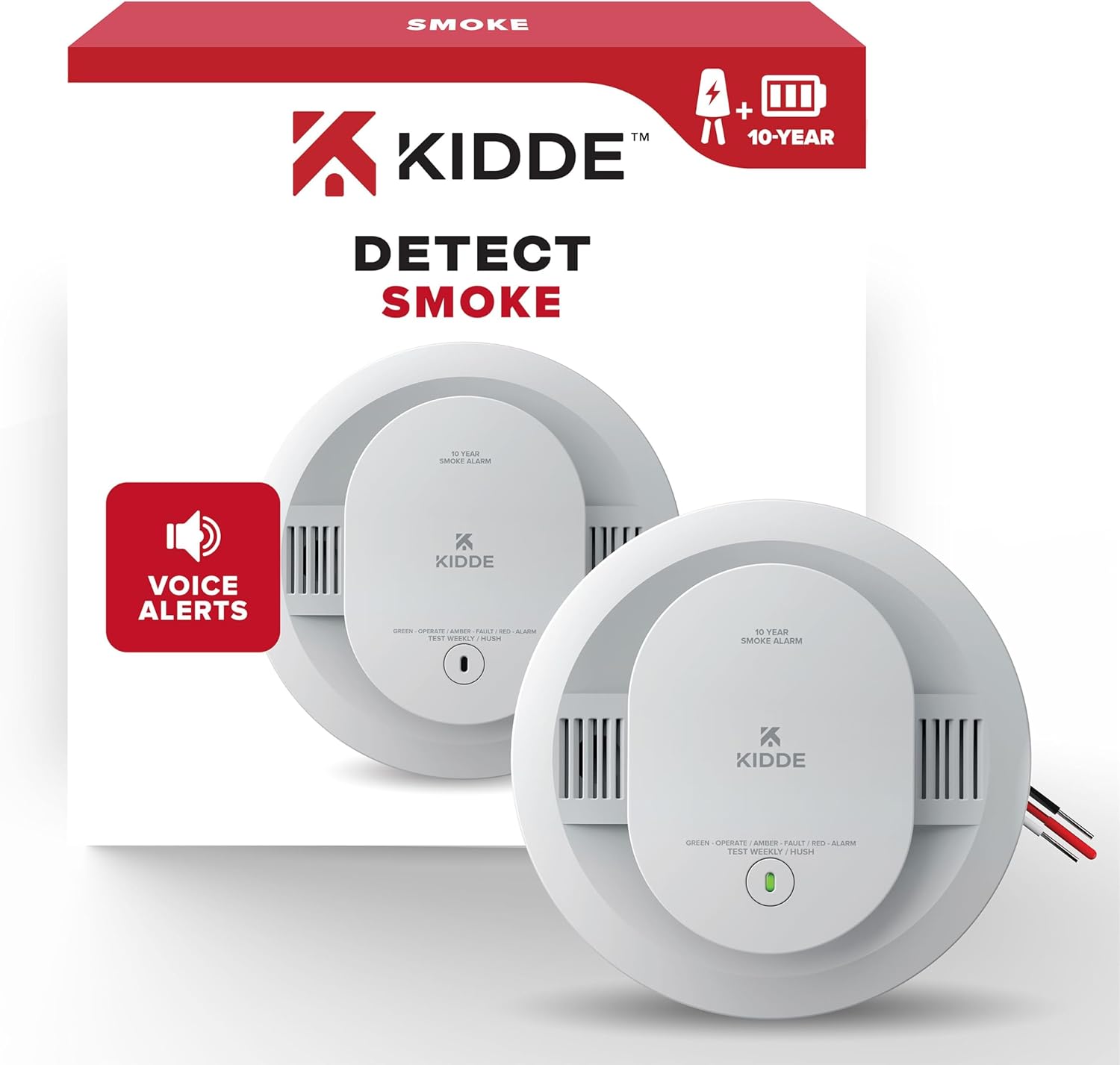 Kidde Hardwired Smoke Detector, 10-Year Battery Backup, Voice Alerts, Interconnectable, LED Warning Light Indicators, 20SA10-V